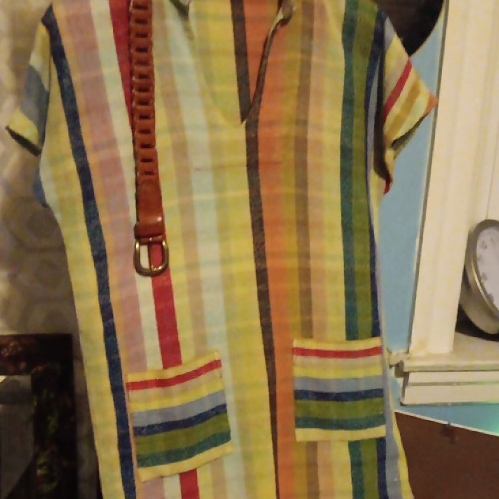 "WARM" Multicolor STRIPED Dress Also Shown W Grain Leather Belt Sold Seperately - Picture 11 of 13
